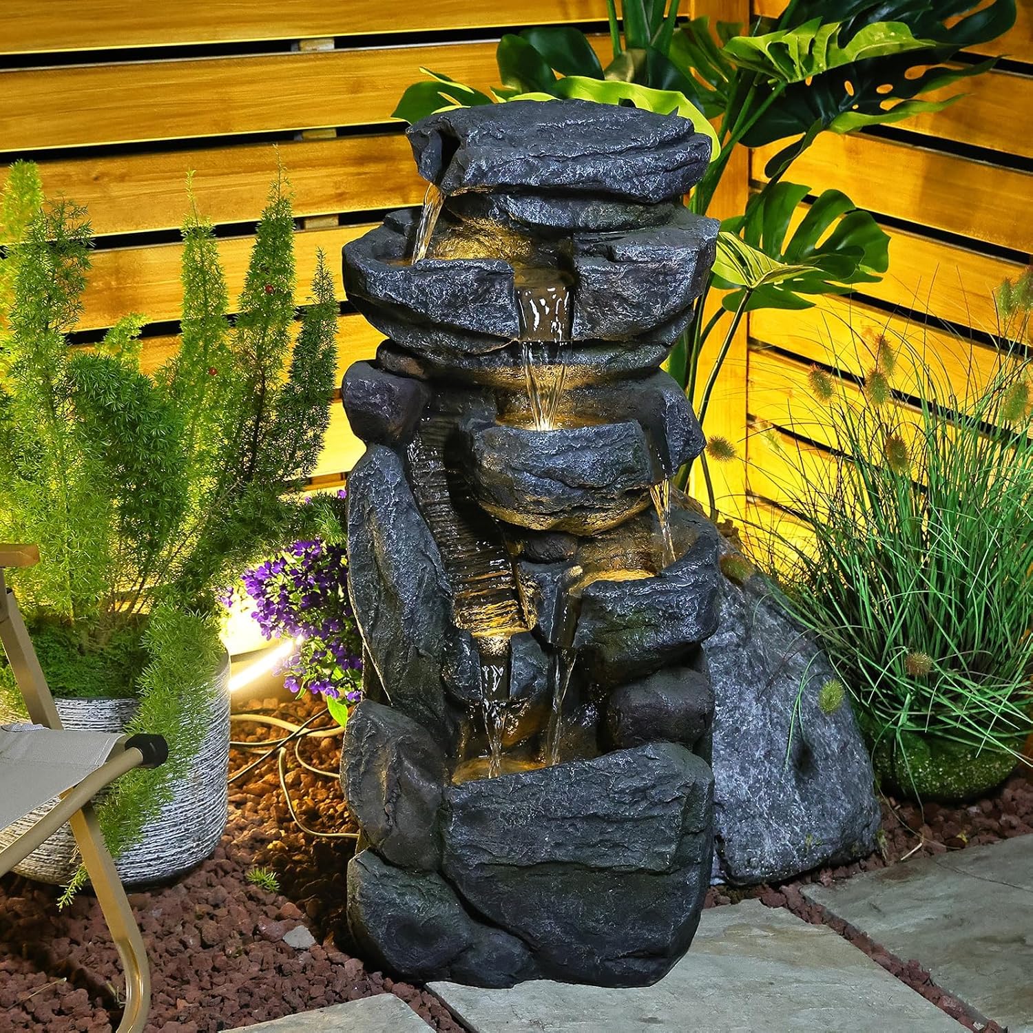 5-Tiered Rock Water Fountain Outdoor Garden - 31.5”Waterfall Fountain Outdoor Water Fountain with Light Cascading Waterfall for Patio,Garden,Grey