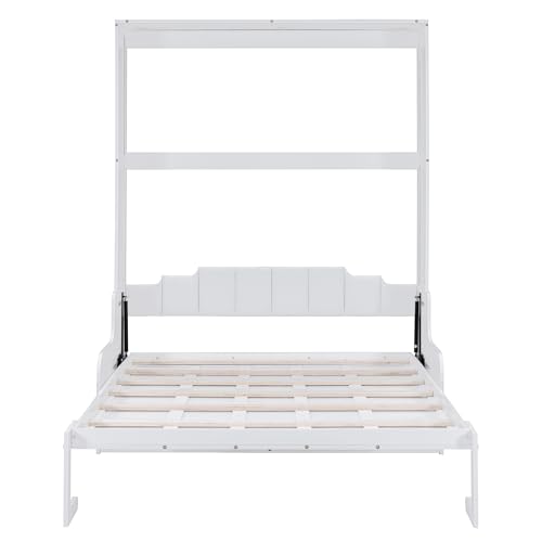 Merax Queen Size Murphy Bed, Wooden Queen Murphy Bed Wall Bed with Sofa and Cushion, for Home Office or Small Room, White