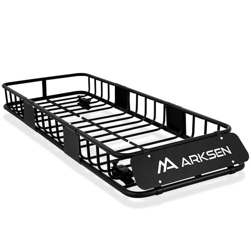 ARKSEN Roof Rack Skinny Cargo Carrier with Basket & Net, Heavy Duty Weather Resistant Top Mount Cargo Rack, Luggage & Camping Gear Storage for Car