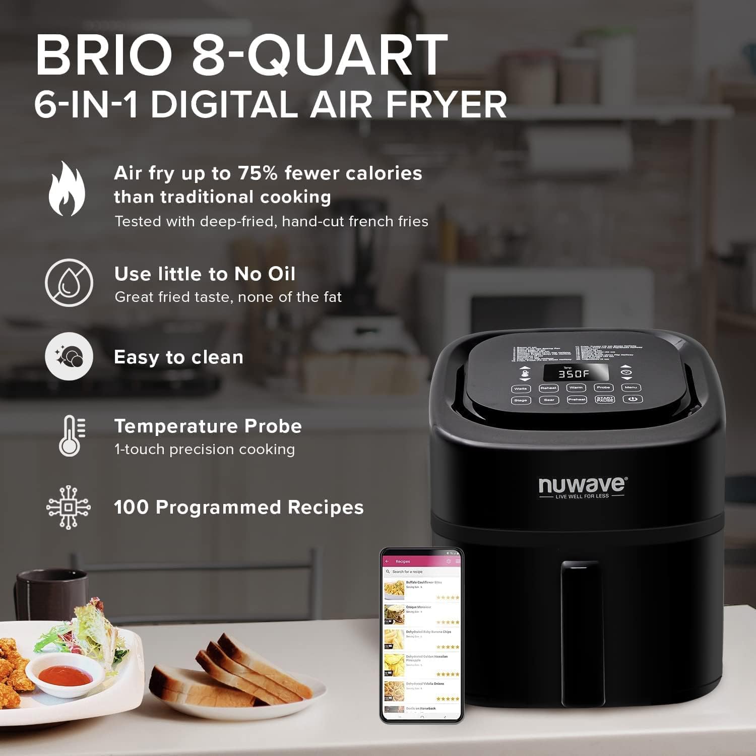NUWAVE Brio 8-Qt Air Fryer, Powerful 1800W, Easy-to-Read Cool White Display, 50°-400°F Temp Controls, 100 Pre-Programmed Presets & 50 Memory Slots