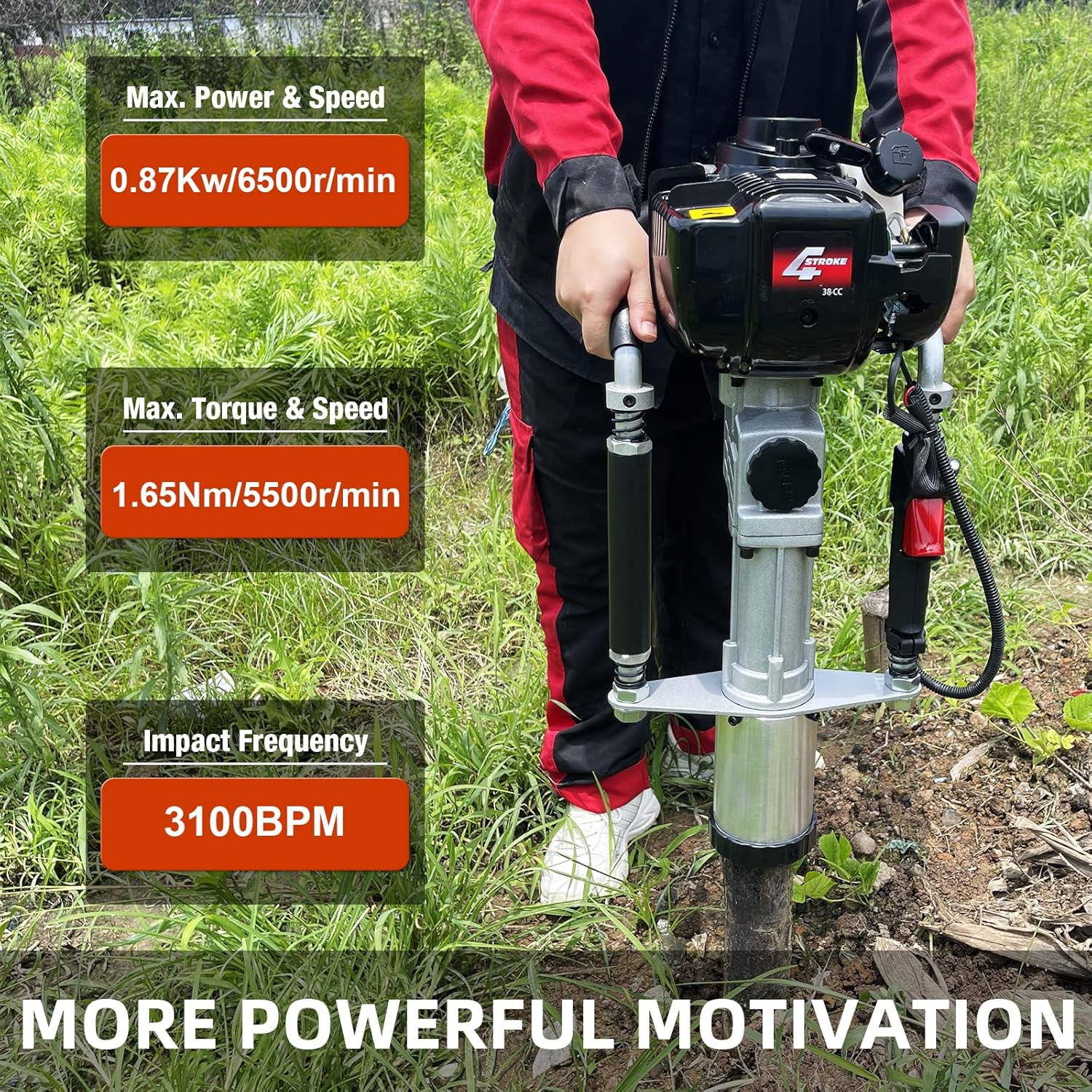 Gas Powered 4-Stroke T Post Driver Hammer Drills, 37.7CC Gasoline Engine Pile Driver