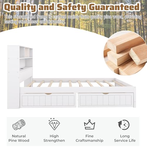 Twin Size Platform Bed with Bookcase Headboard, USB Charging Station and Downlight,Wood Twin Capatain Bed Frames with 2 Storage Drawers