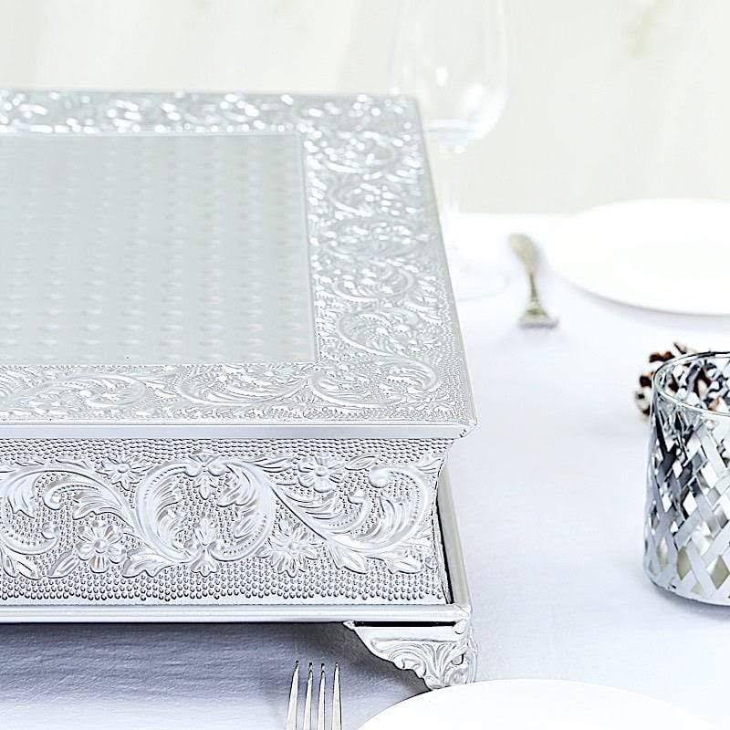 18x18 in Wide Silver Square Embossed Wedding Cake Stand Riser