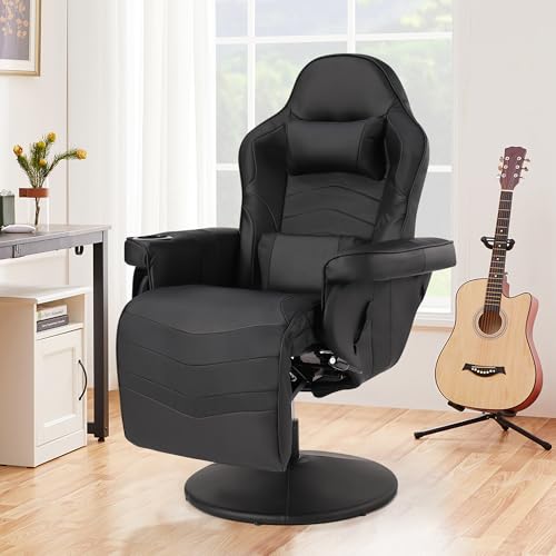 Massage Gaming Recliner Chair with Cup Holder & Side Pockets – Ergonomic PU Leather Video Gaming Chair with Footrest, Manual Recline