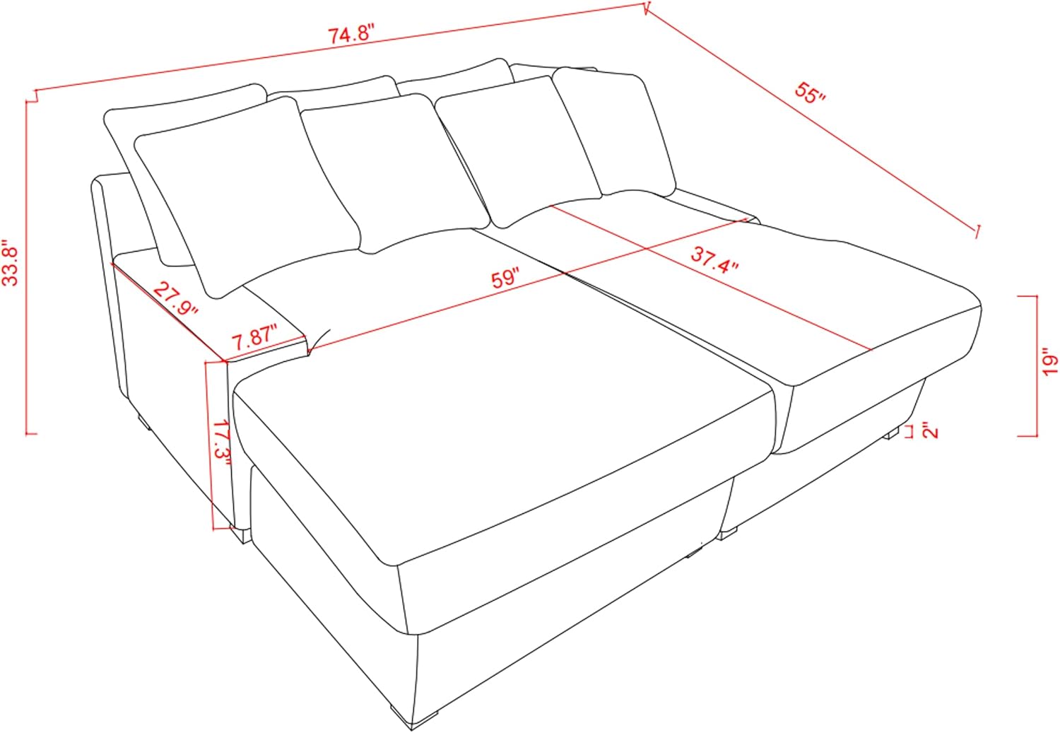 Oversized Luxe Chaise Lounge Loveseat Couch Bed, Comfy Corduroy Upholstered Indoor Leisure Sofa Recliner Daybed