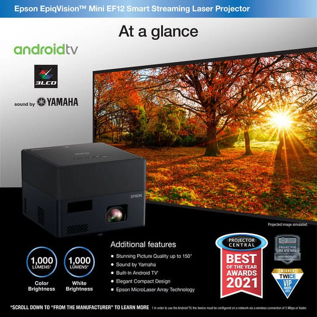Restored Epson EpiqVision Mini EF12 3LCD Projector, 16:9, Portable, Black (Refurbished)