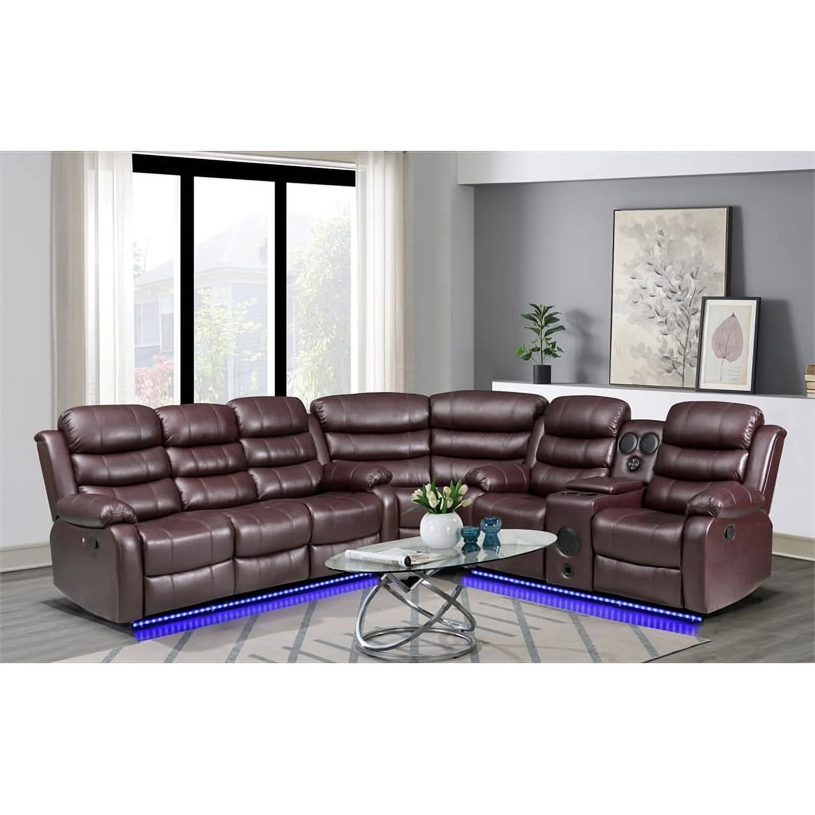 Donivi LED Faux Leather Reclining Sectional in Brown