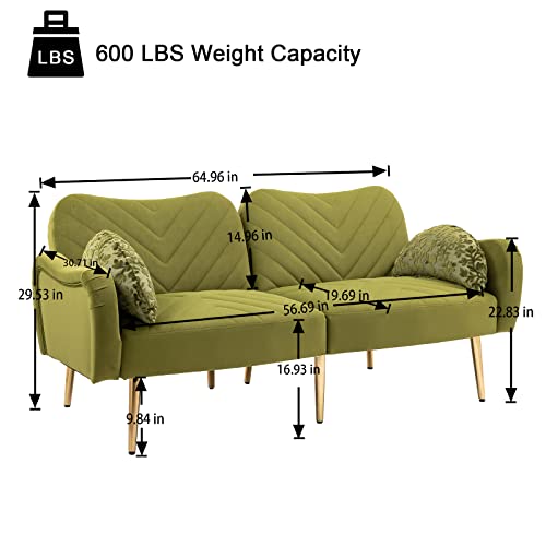 Modern Velvet Futon Sofa Bed, Convertible Loveseat with 2 Crescent-shaped Pillows, Small Sleeper Sofa with 3 Adjustable Positions