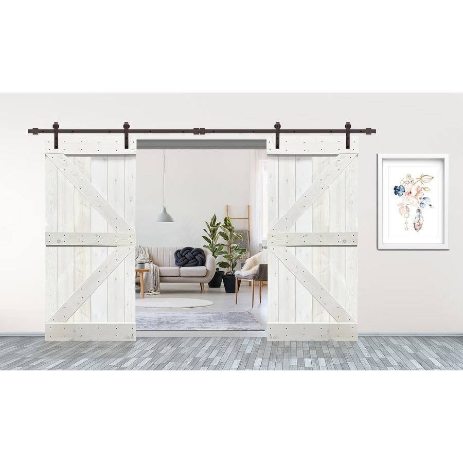 Calhome 84 in. x 84 in. K Series White Stained Solid Knotty Pine Wood Interior Double Sliding Barn Door with Hardware Kit