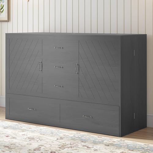 Mjkone Murphy Bed Cabinet,Built-in 3-Port Charging Station, 2 Storage Drawers, Foam Mattress, Queen Size Solid Wood Bed Cabinet