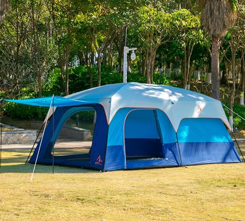 KTT Extra Large Tent 10-12-14 Person(B),Family Cabin Tents,2 Rooms,3 Doors and 3 Windows with Mesh,Straight Wall,Waterproof,Double Layer