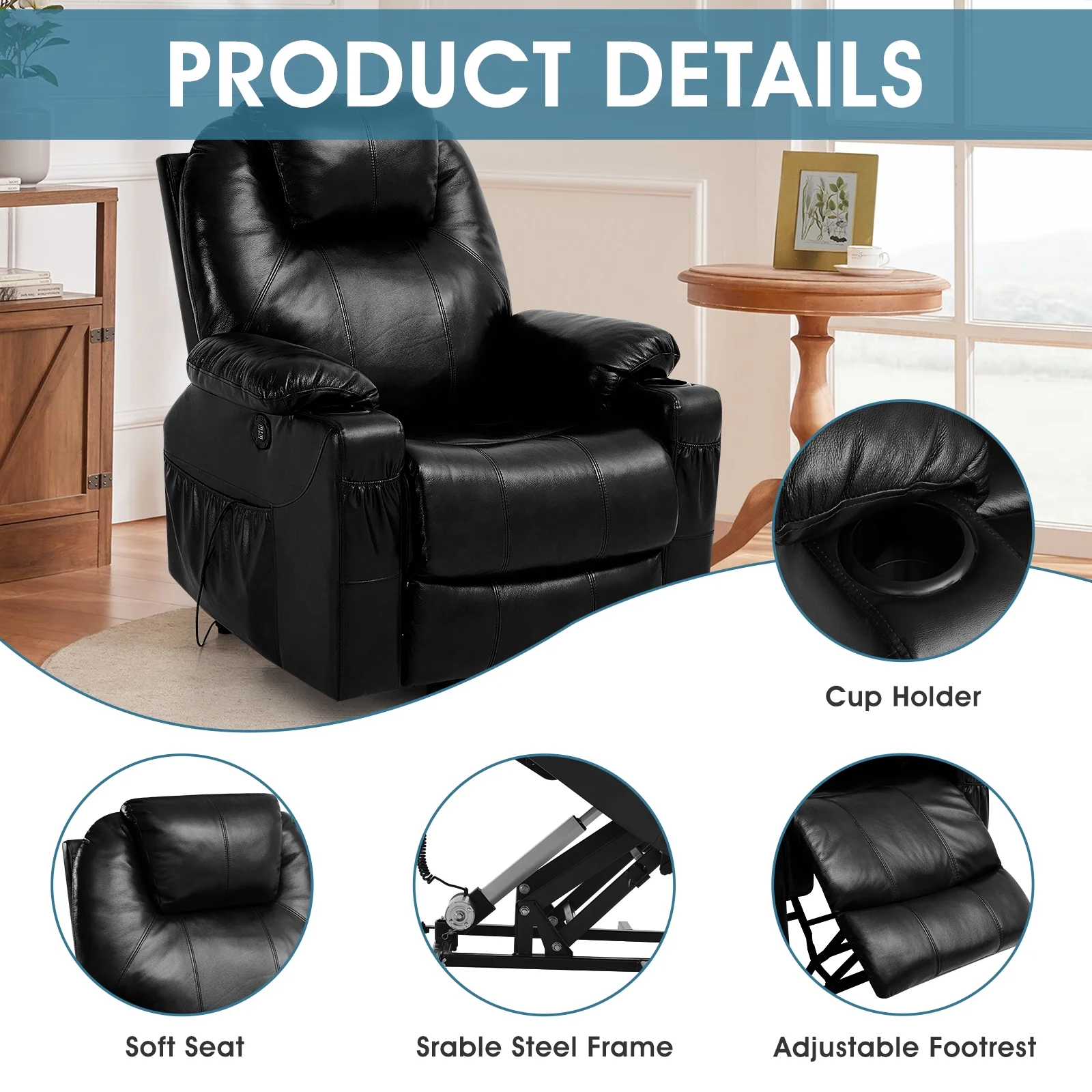 TEKAMON 3-Position Large Power Lift Recliner Chair with Massage and Heating for Elderly, Real Leather(Black)