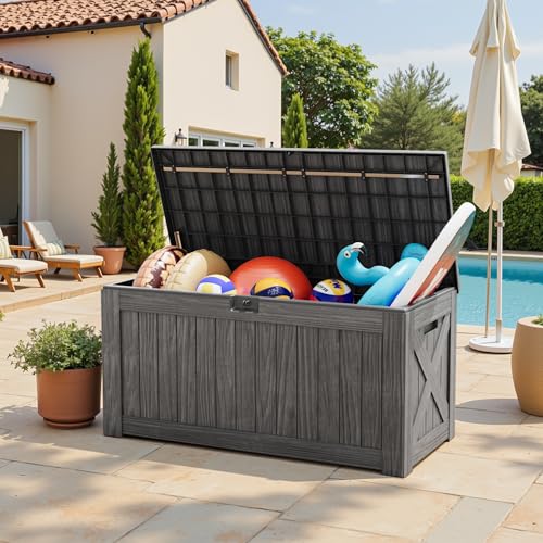 Greesum 120 Gallon Outdoor Storage Box with Lock - Large Resin Deck Box, Reinforced Lid for Garden, Patio, Lawn, Black