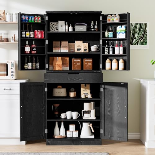 72" Tall Storage Cabinet, Kitchen Pantry Cabinet with Adjustable Shelves & Sturdy Steel Frame, Farmhouse Pantry Storage with 4 Barn Doors for Kitchen