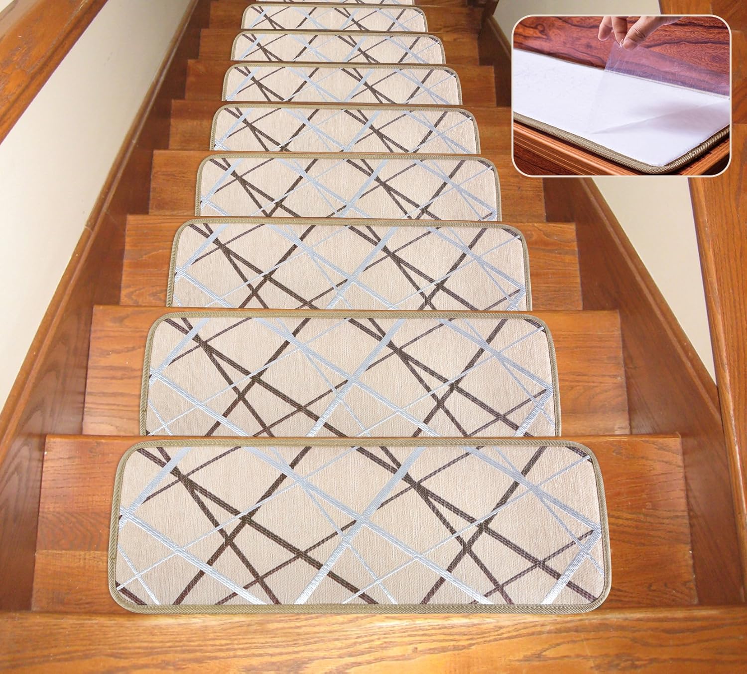 Seloom Washable Non-Slip Stair Treads Carpet with Skid Resistant Rubber Backing Specialized for Indoor Wooden Steps (25.5x9.5 Inch, 13 Piece, Brown)