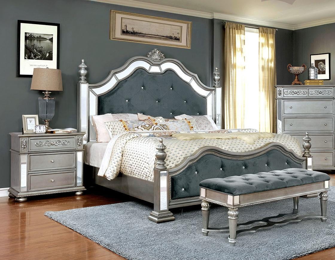 Glam Silver Solid Wood Queen Bedroom Set 3pcs FOA CM7194 Azha