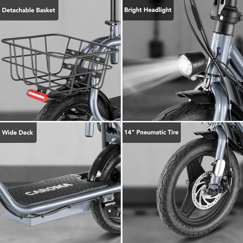 Caroma Peak 500W/800W/1200W Electric Scooter with Seat for Adults,up to 30 Miles&20MPH, 14" Fat Tire