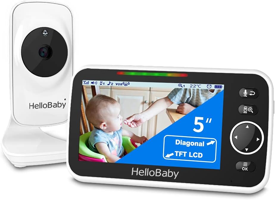 Video Baby Monitor with Camera and Audio, 5 Color LCD Screen, HelloBaby Monitor Camera, Infrared Night Vision, Temperature Display, Lullaby