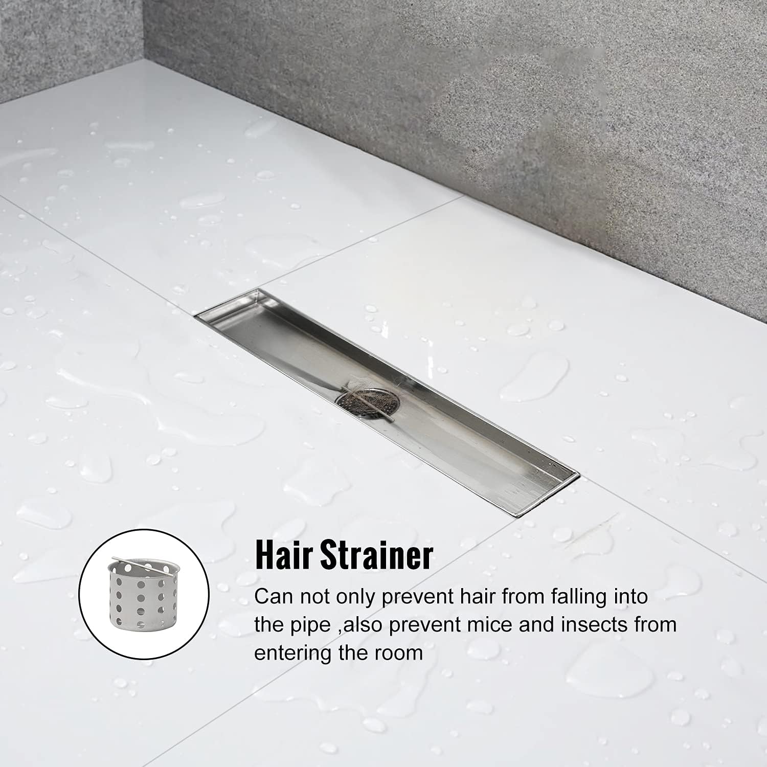 Linear Shower Drain 60 inch with Bar Pattern Grate, Professional Brushed 304 Stainless Steel, High Flow, Hair Catcher Shower Drain&hellip;