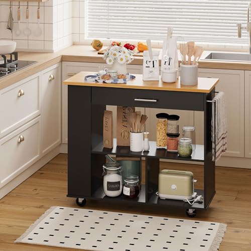 Shintenchi Rolling Kitchen Island Cart with Folding Drop Leaf Breakfast Bar, Portable Trolley Island with Large Storage Cabinet, Shelf and Drawer