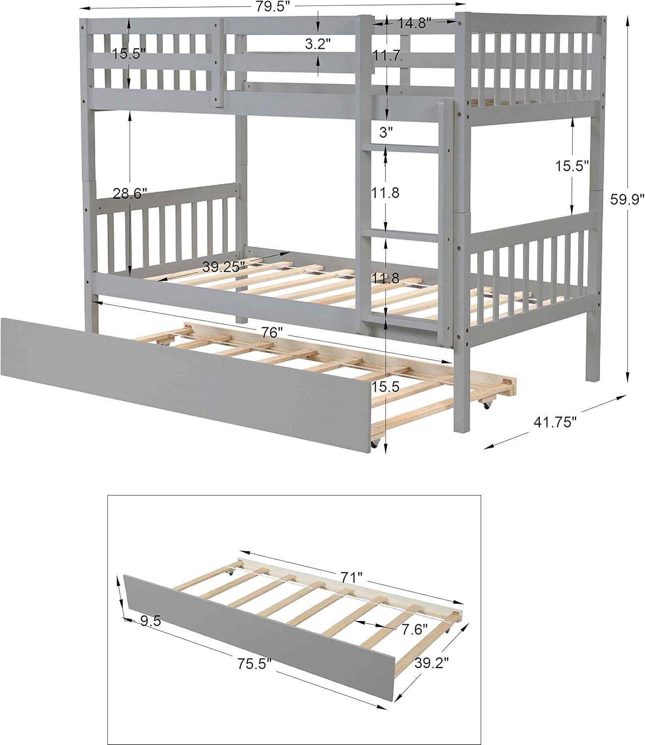 AWQM Bunk Beds,Twin Over Twin with Trundle,Can Be Converted into 2 Beds Solid Wood Trundle Bed Frame with Safety Rail and Ladder