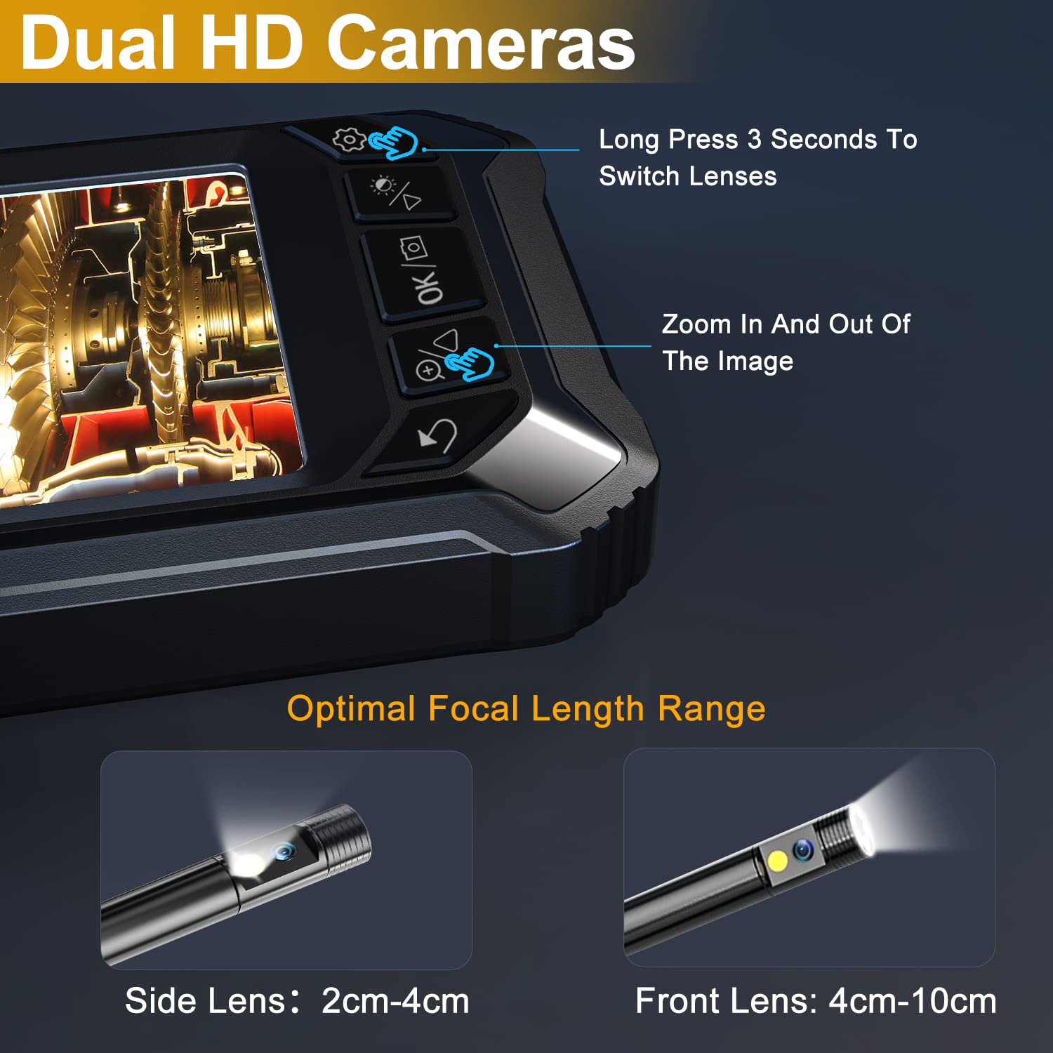 CIMELR Industrial Endoscope 5 IPS Inspection Camera, Dual Lens Borescope Camera with 8mm 16.5ft Flexible Cable