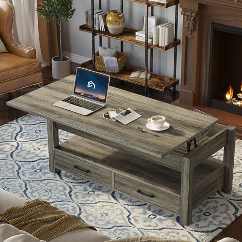 Rolanstar Coffee Table, Lift Top Coffee Table with Drawers and Hidden Compartment, Retro Central Table with Wooden Lift Tabletop, for Living Room