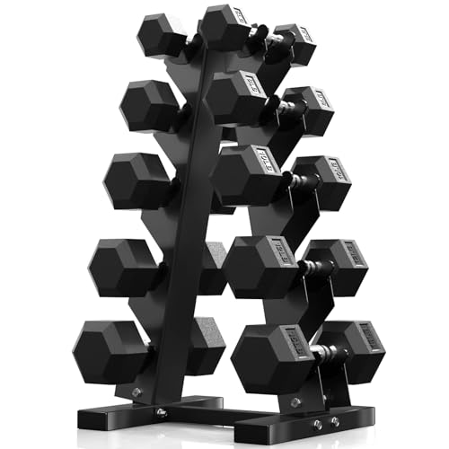 PAPABABE Hex Dumbbell Sets with Rack, 60-550lb Rubber Coated Dumbbell Weight Set and Storage Rack, Multiple Options Hand Weights for Strength Training