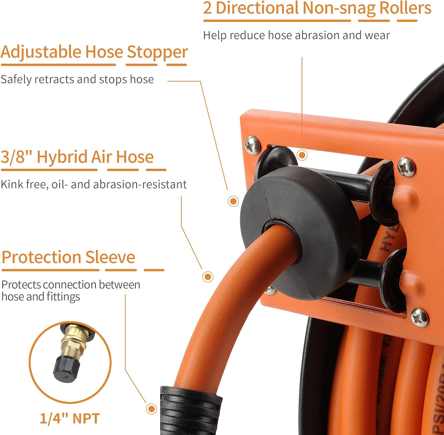Giraffe Retractable Air Hose Reel Wall Mount with 3/8 in. x 50 FT Hybrid Hose, Pneumatic Heavy Duty Steel Reel Auto Rewind 300PSI