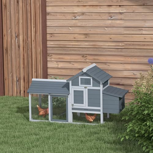 PawHut 59" Small Wooden Chicken coop Hen House Poultry Cage for Outdoor Backyard with 2 Doors, Nesting Box and Removable Tray, Gray