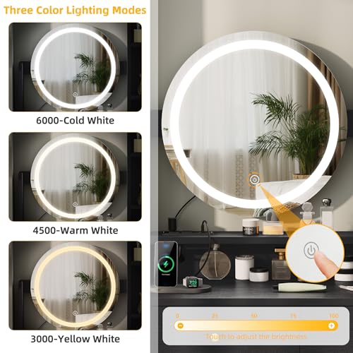 DWVO Vanity Desk with Mirror and Lights, Makeup Vanity Table Set with Power Outlets and Chair, 3 Lighting Colors