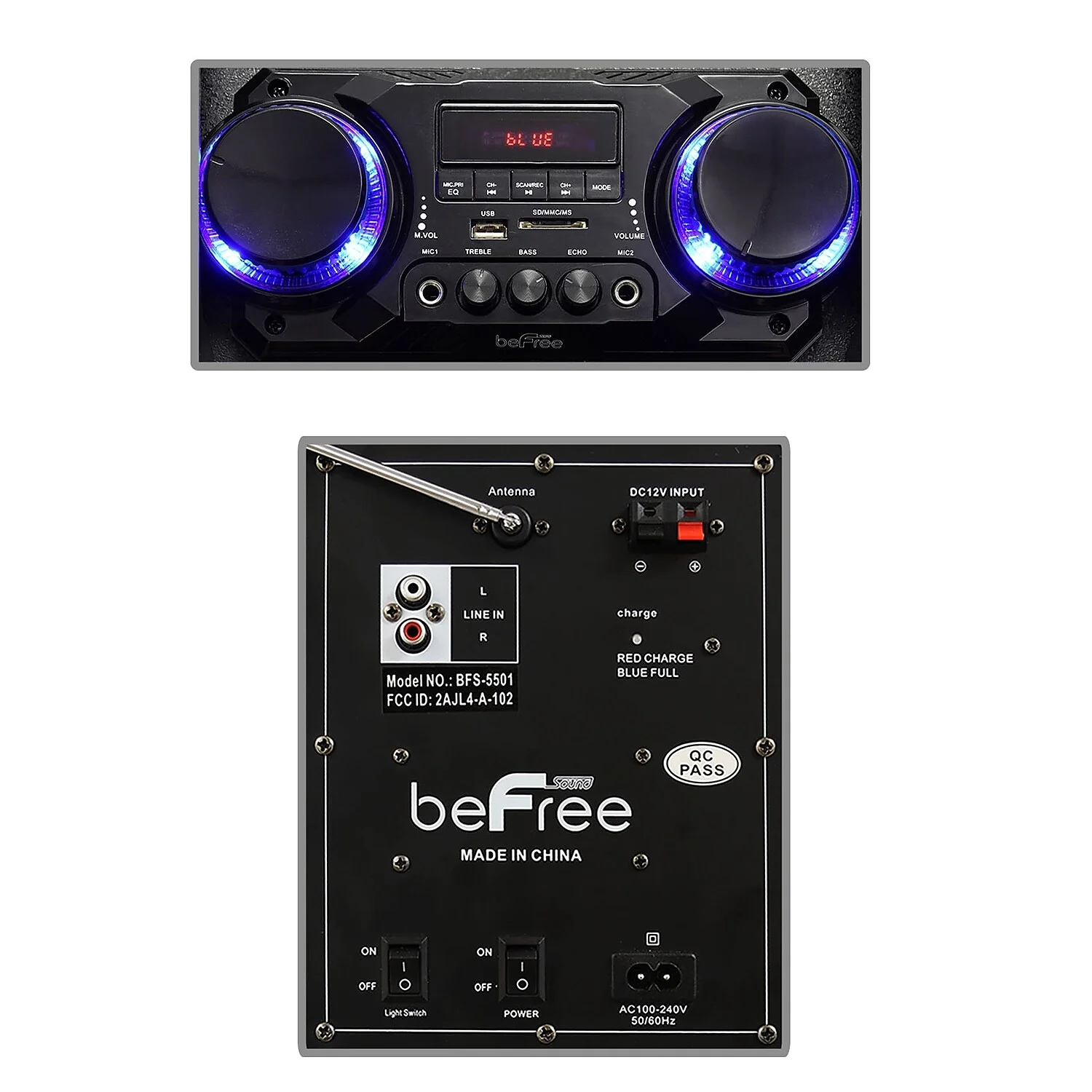 beFree Sound Double 10" Subwoofer Bluetooth Portable Party Speaker with Reactive Lights, USB/SD Input, FM Radio, Remote Control and Microphone