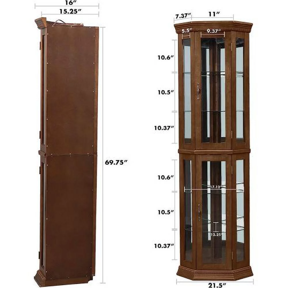 leeheeyee Lighted Tall Corner Cabinet，Wooden Corner storage cabinet with tempered glass door ，two shelf units， for Living Room or Bedroom