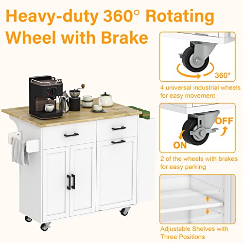 Rolling Kitchen Island with Trash Storage Cabinet, 2 Drawers, Kitchen Island with Drop Leaf, Kitchen Storage Islands Carts W/ 3 Spice Rack