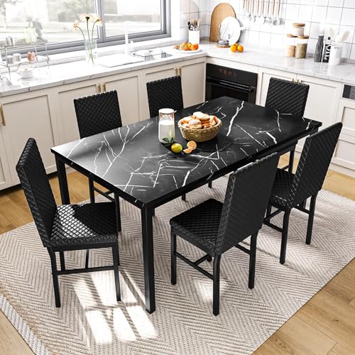 Recaceik Dining Table Set for 6, Faux Marble 7 Piece Dining Table Set with Chairs