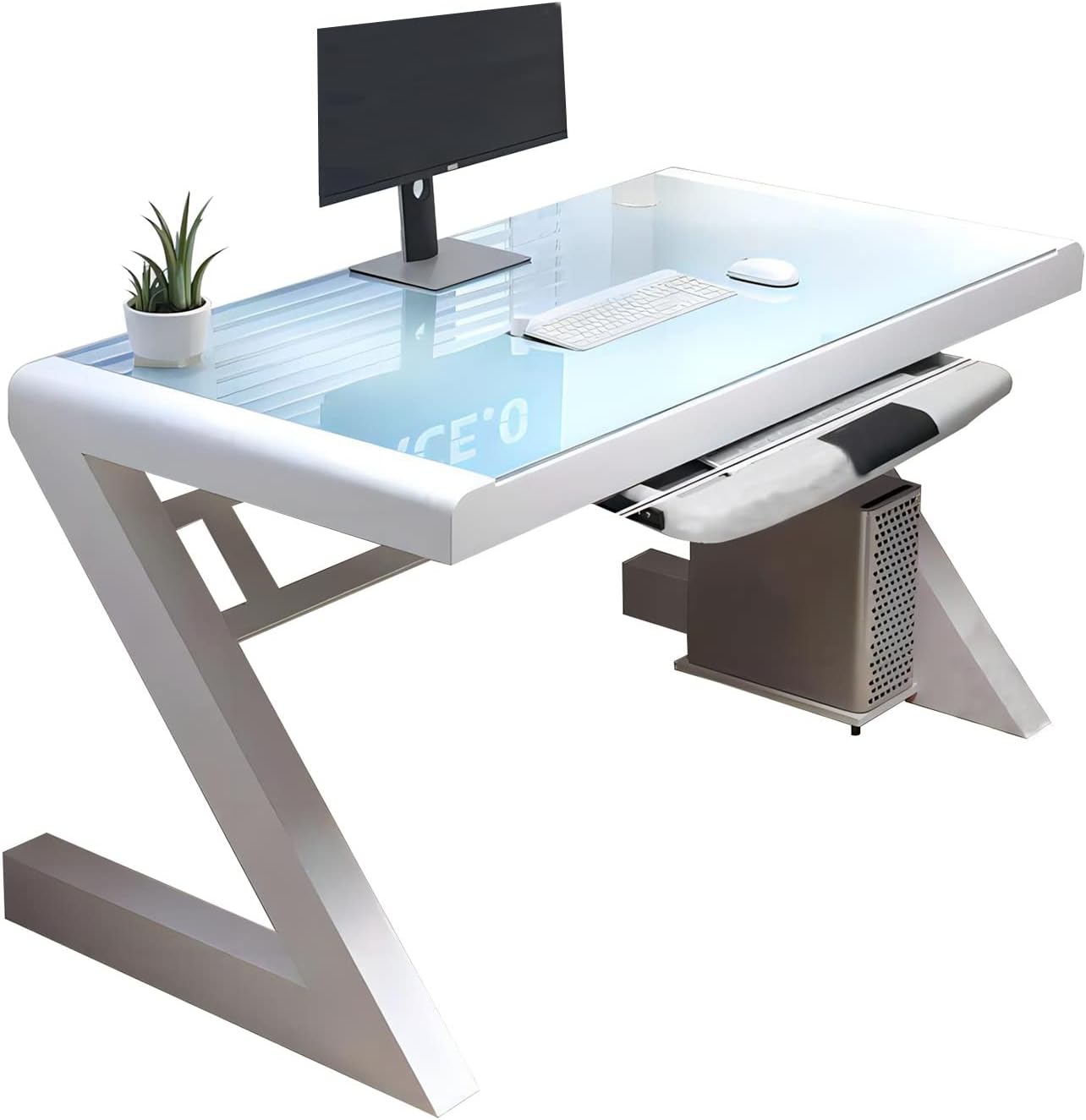 Modern Z-Shape Computer Desk with Keyboard Tray Tempered Glass Large Office Desk Study Writing Desk Easy to Install Computer Workstation for Home