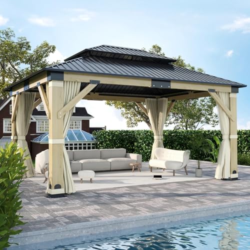 12'x12' Hardtop Gazebo, Outdoor Double Roof Galvanized Steel Gazebos, Aluminum Frame Permanent Pavilion with Curtains & Netting for Backyard, Patio