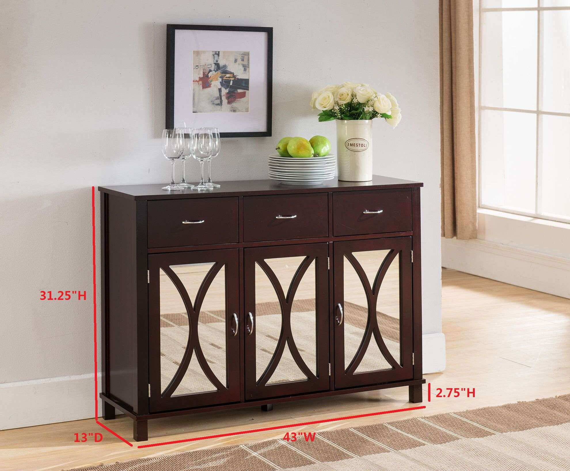 Kings Brand Furniture Classy Buffet Cabinet Server, 3 Cabinets, 3 Drawers, Mirrored Doors, Espresso