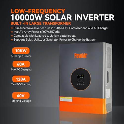 3000W Solar Inverter Pure Sine Wave, Peak 9000W, Low-Frequency Inverter Charger 24V to 110V Built-in 60A MPPT Controller