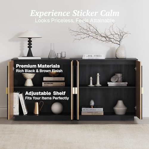 BELLEZE 65 Inch Fluted Buffet Cabinet with Storage, Symmetrical Arc Accent Sideboard Large Console Table for Dining Room, Kitchen