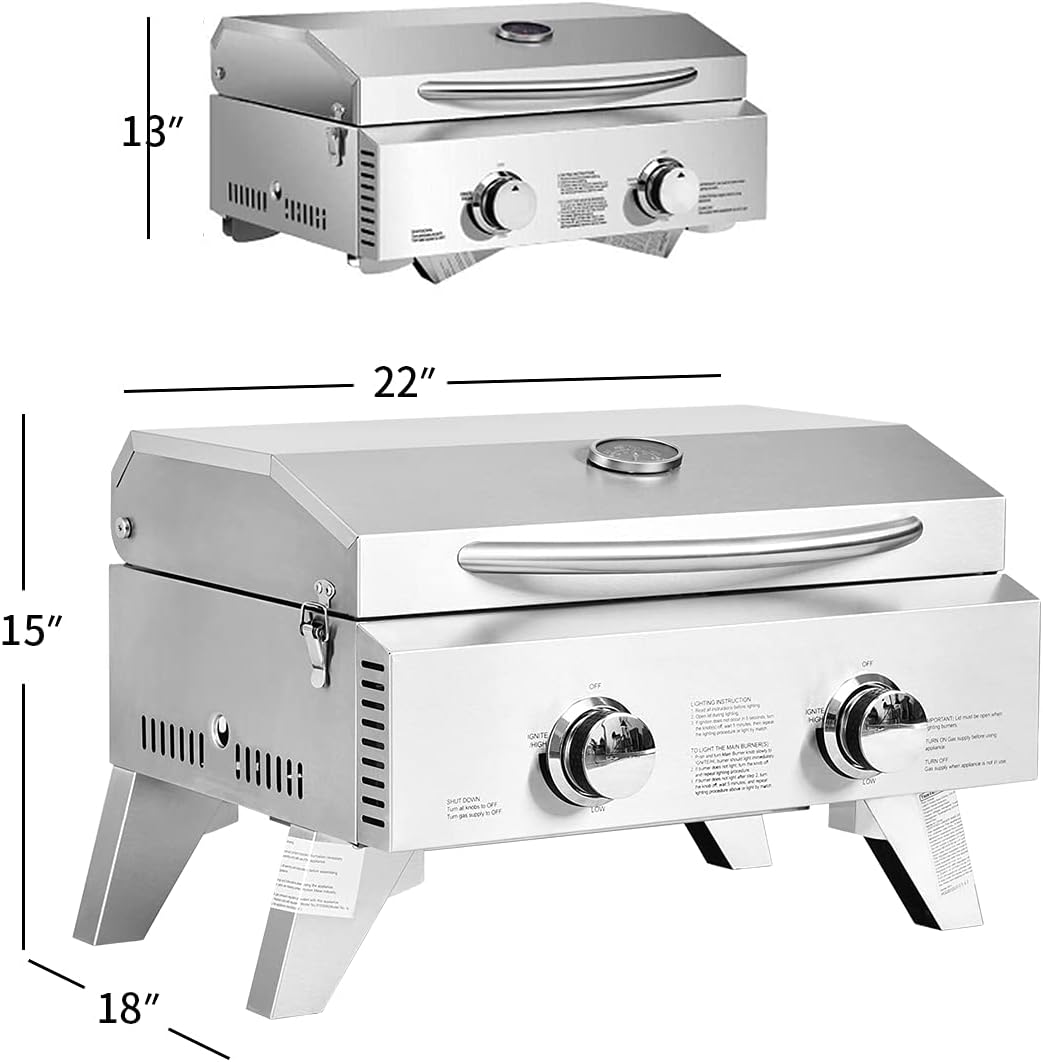 Happygrill Portable Gas Grill Stainless Steel Propane Grill Two-Burner Outdoor BBQ Grill with Foldable Leg for Camping Picnics, 20000 BTU