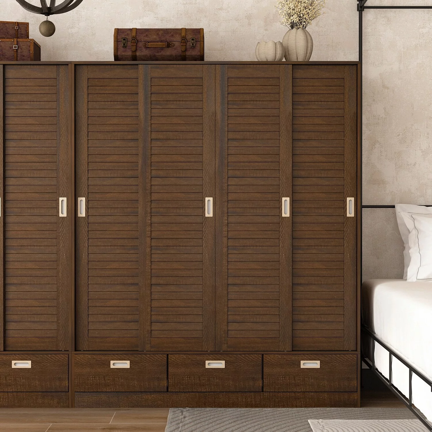 Brown Wardrobe Armoire with Drawers, Hanging Rod 4 Sliding Doors