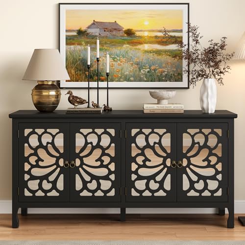 RoyalCraft Buffet Cabinet with Mirror Butterfly Carved Door, 63'' Sideboard Cabinet with Adjustable Shelves