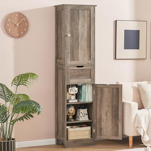 Iwell 67" Tall Bathroom Cabinet, Storage Cabinet with 2 Doors & 1 Drawer, Bathroom Storage Cabinets with Adjustable Shelves, for Living Room