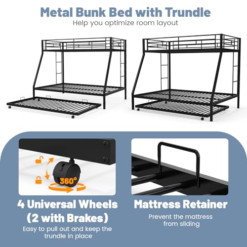 KOMFOTT Twin Over Full Bunk Bed with Trundle, Heavy-Duty Metal Bunk Bed Frame with Guardrail & 2 Ladders, Space-Saving Bunk Bed for Kids/Teens/Adults