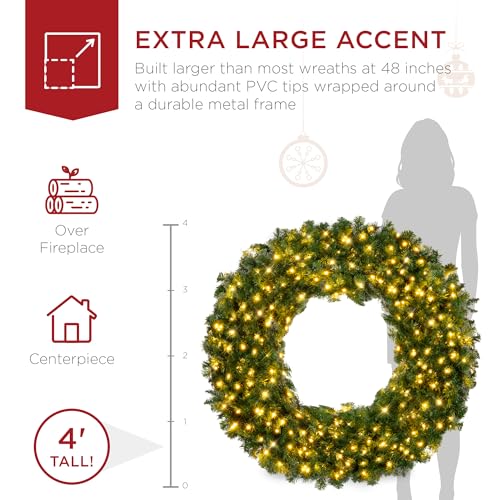 Best Choice Products 60in Large Artificial Pre-Lit Fir Christmas Wreath Holiday Accent Decoration w/ 300 LED Lights, 930 PVC Tips