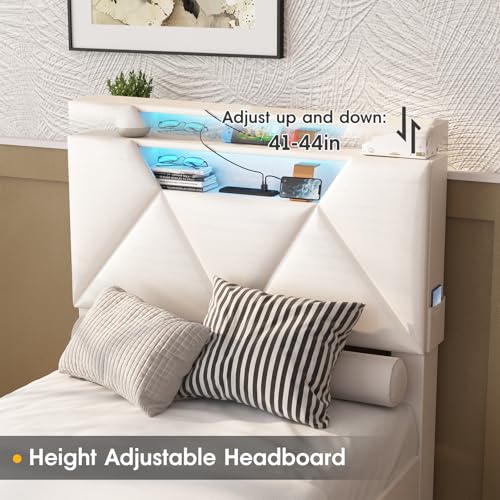 Vabches Queen Bed Frame with Storage Headboard and 4 Drawers,Upholstered Platform with Charging Station and Led Lights,Adjustable Headboard