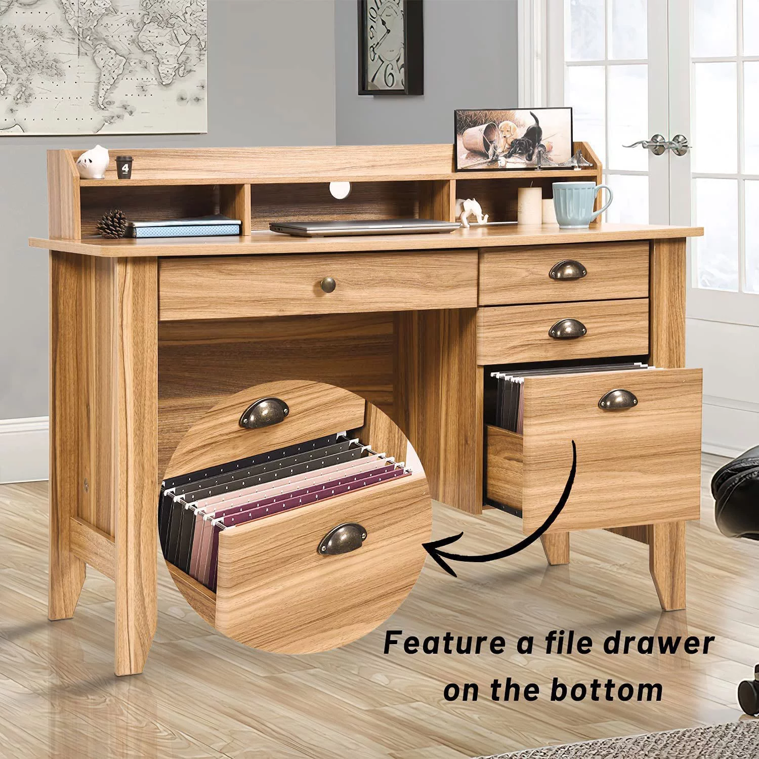 Catrimown Computer Desk, 47.5 in Wood Home Office Desk with Hutch and 4 Drawers, Monitor Stand, Rustic Brown