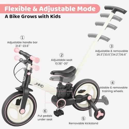 JMMD Toddler Bike with Push Handle for Kids 18-60 Months, 6 in 1 Foldable Push Bike with Training Wheels, Pedals, Brakes, Kickstand