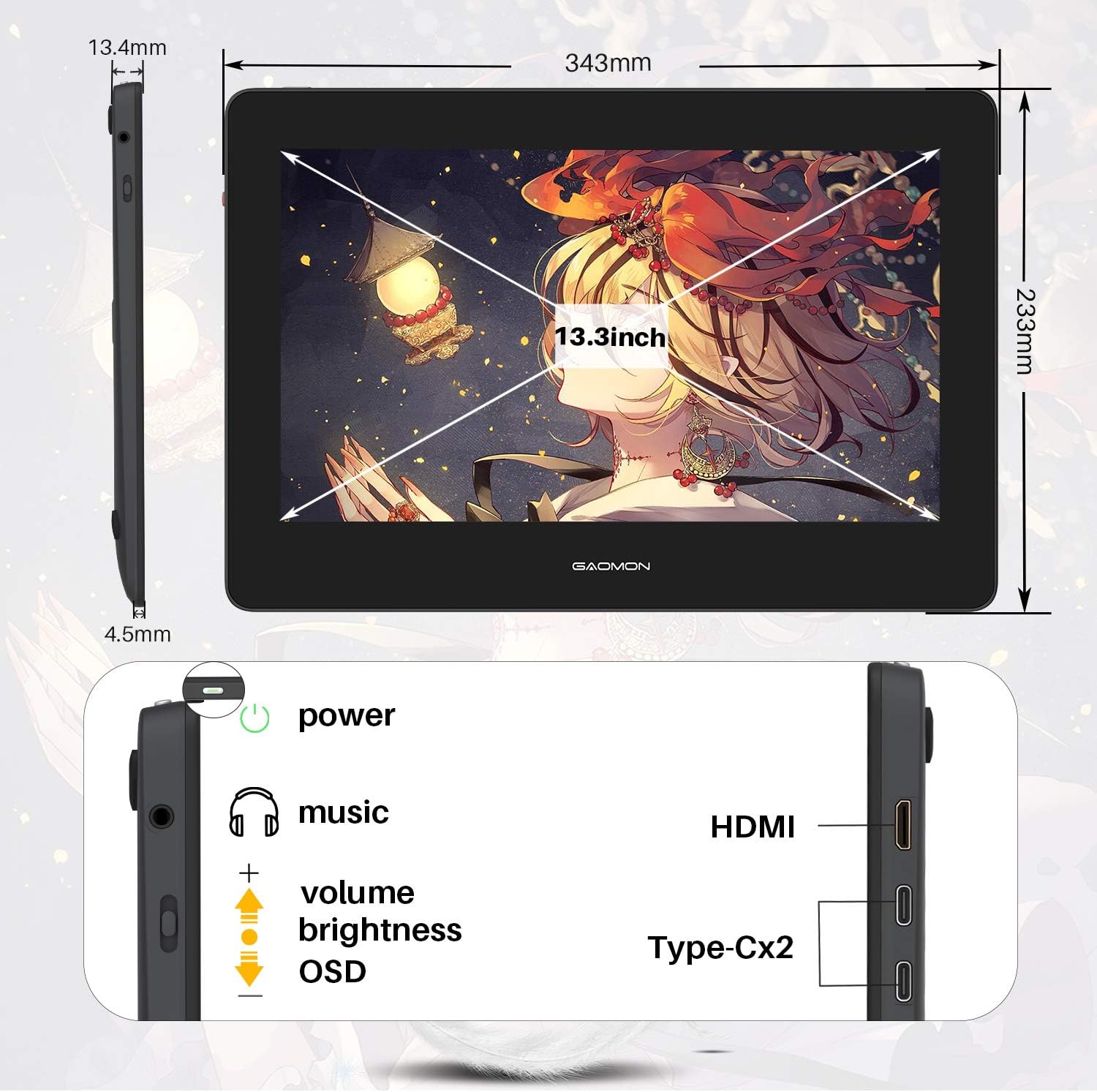 GAOMON PD1320 13.3 Inches Tilt Support Graphics Drawing Tablet with 86% NTSC Full-Laminated IPS Screen Pen Display-Gray